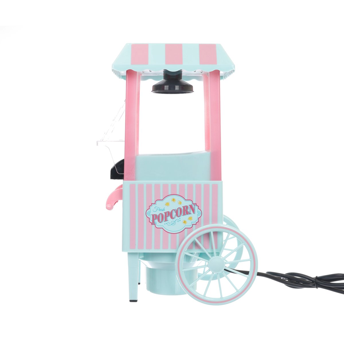 Mini popcorn maker cart with teal base, pink columns, striped canopy, black kettle
