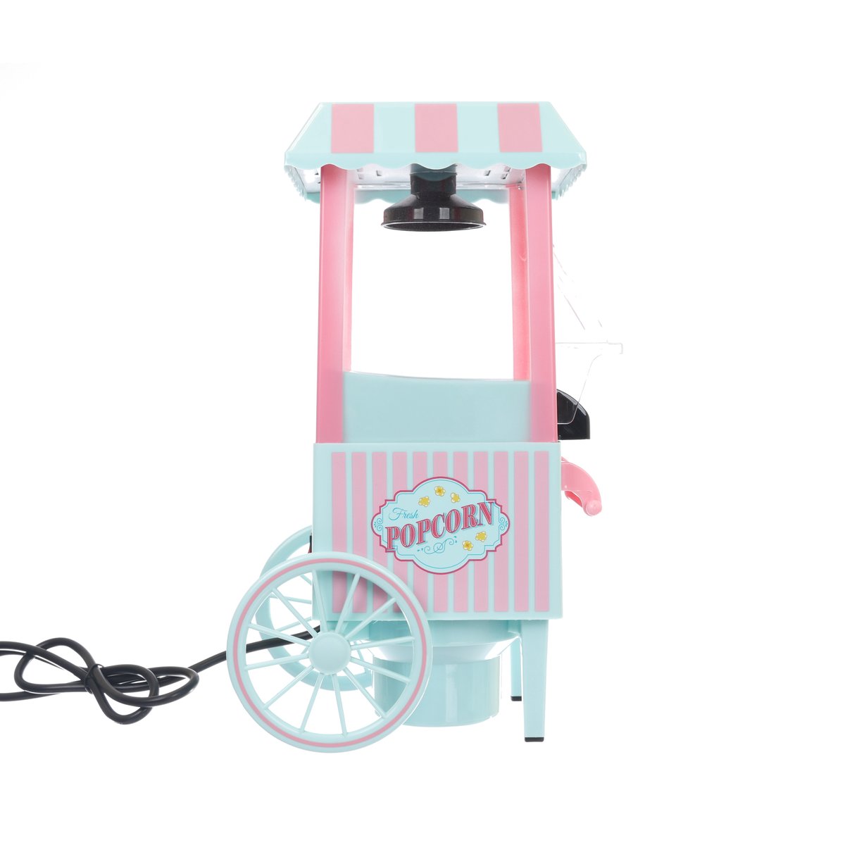 Mini popcorn maker cart with teal base, pink frame, striped canopy, front wheel and cord