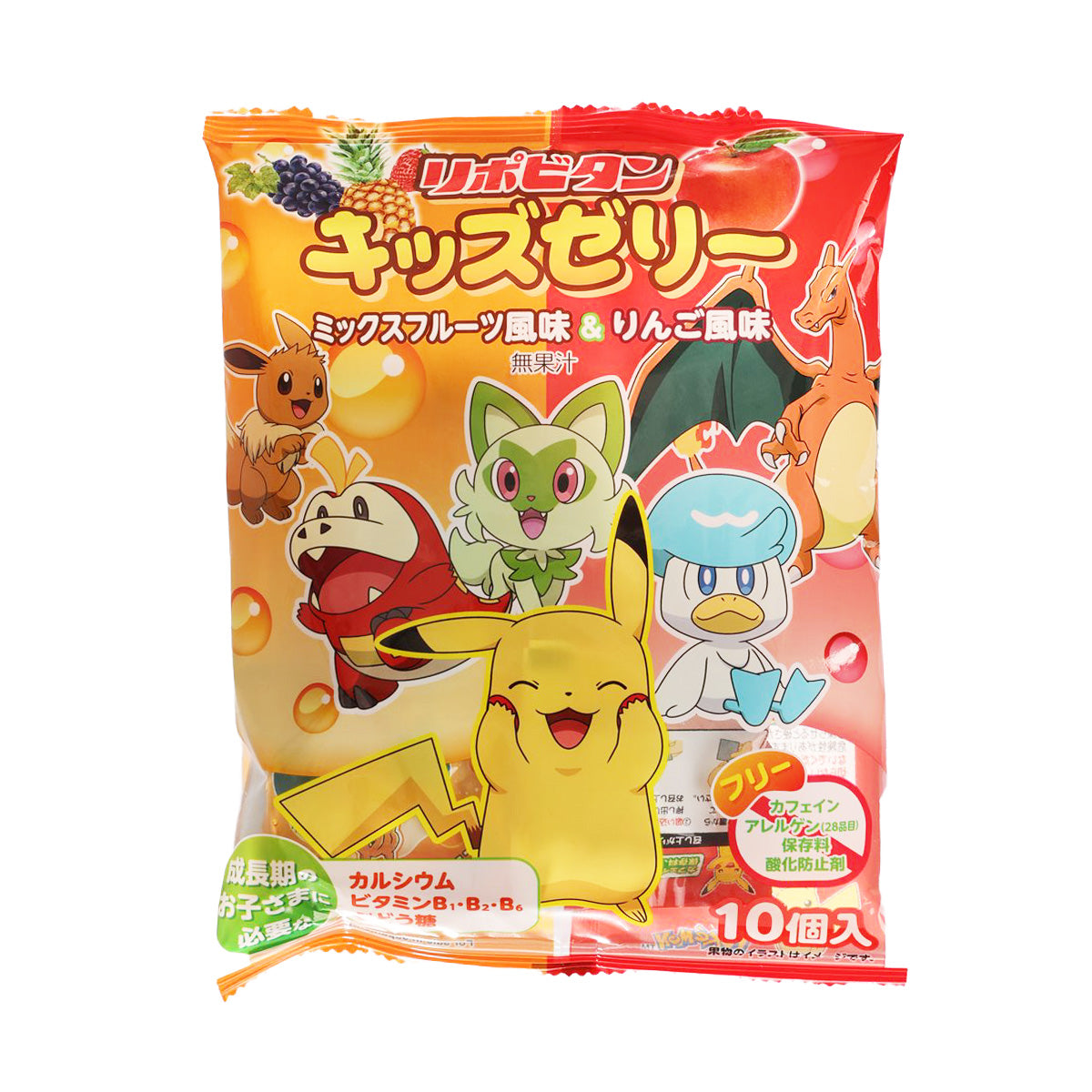 Kids jelly pouch by TAISHO in red-orange with cartoon characters, 10 servings