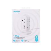 White 7-outlet power strip with USB ports, retail package front display