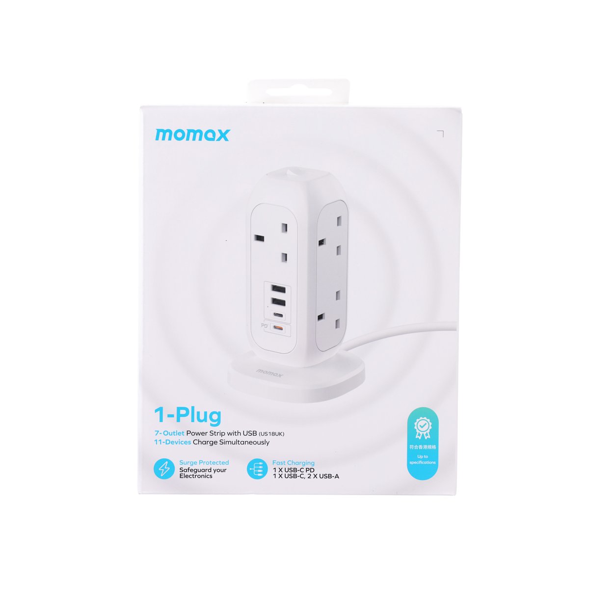 White 7-outlet power strip with USB ports, retail package front display