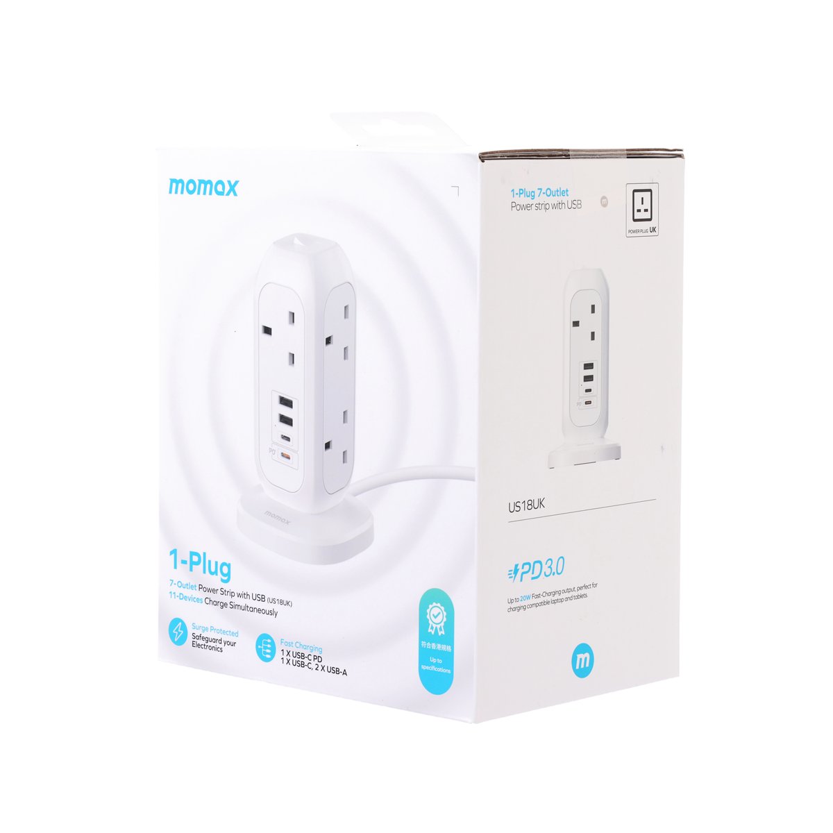 White 7-outlet power strip with USB ports, retail box side with outlet layout