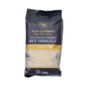 Blue Elephant rice vermicelli noodle pouch, front view with gold band and 240g