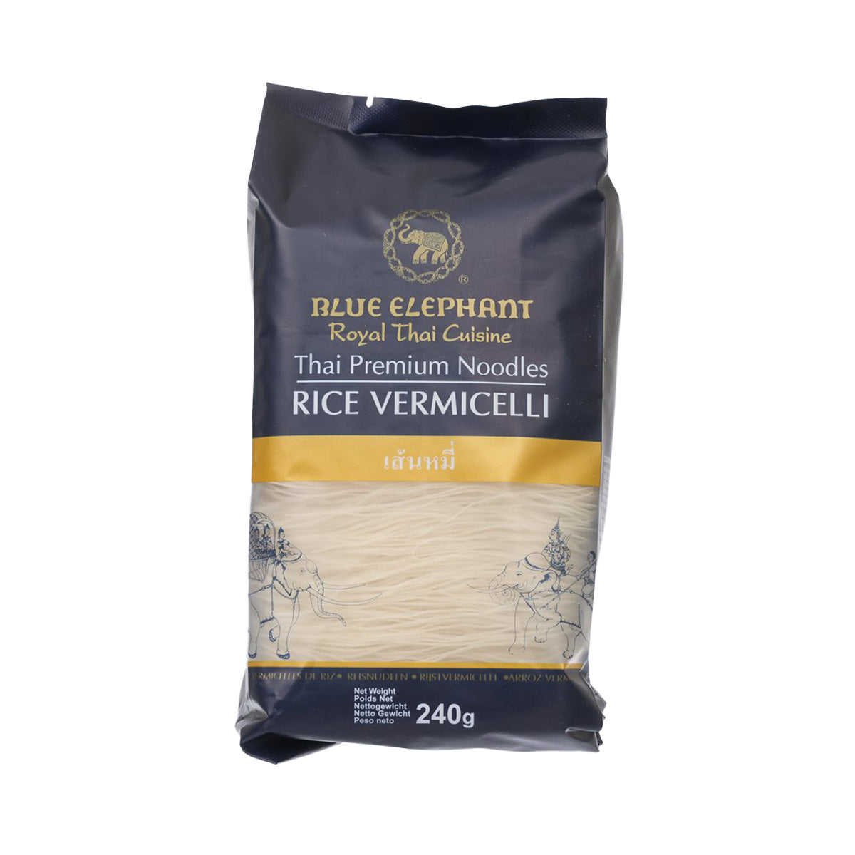 Blue Elephant rice vermicelli noodle pouch, front view with gold band and 240g