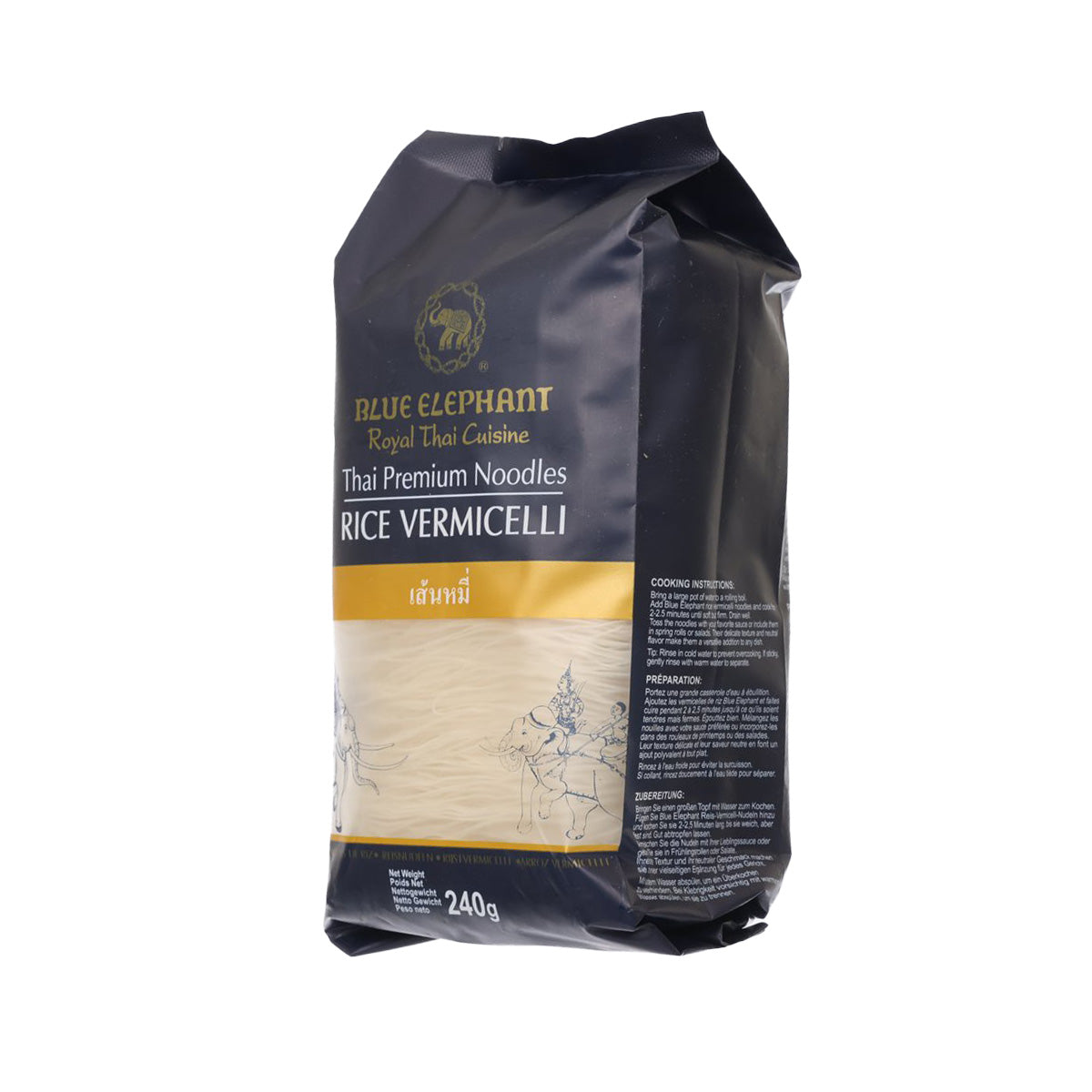 Blue Elephant rice vermicelli pouch, side/front view with Thai noodles text and 240g