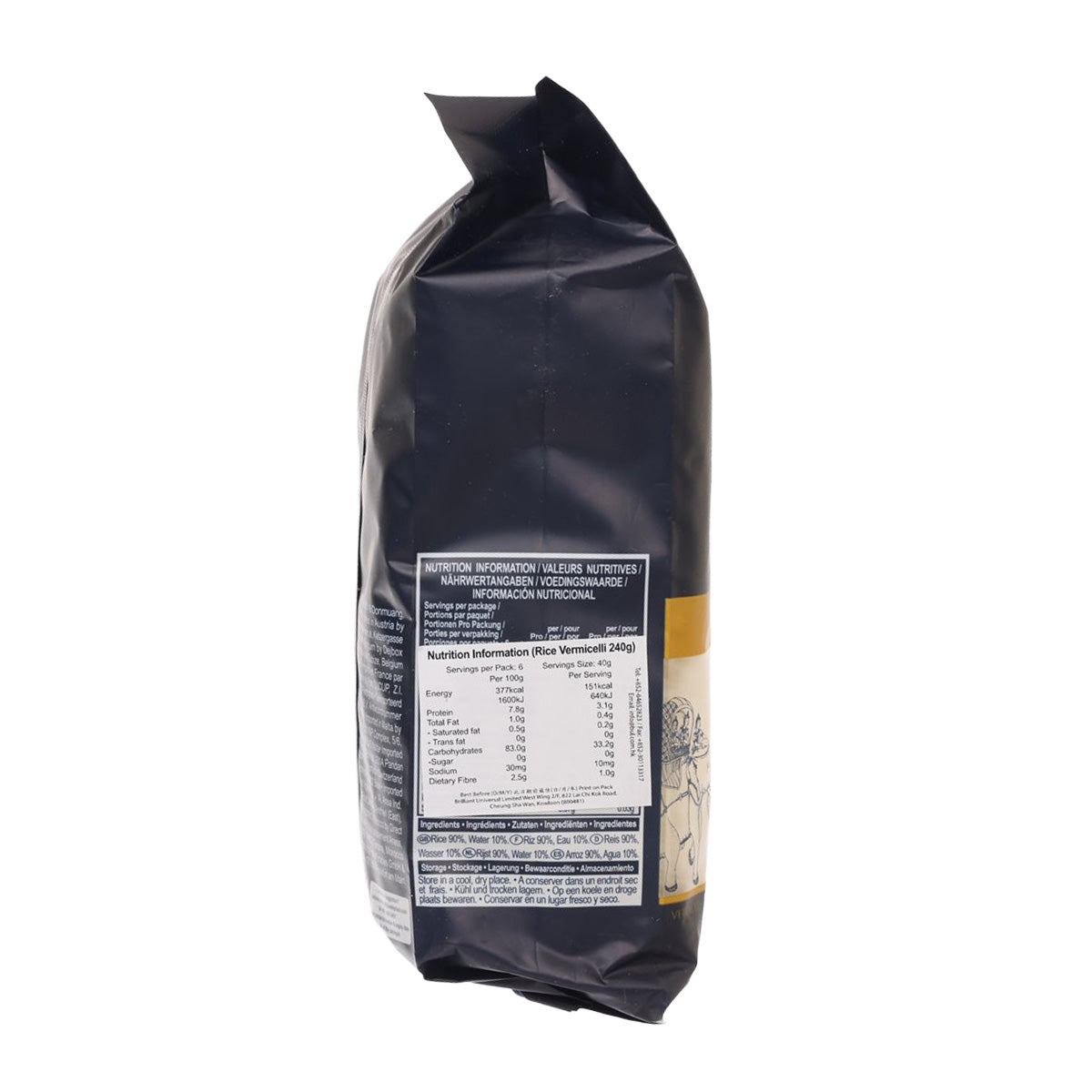 Blue Elephant rice vermicelli pouch, nutrition info panel on dark bag, 240g