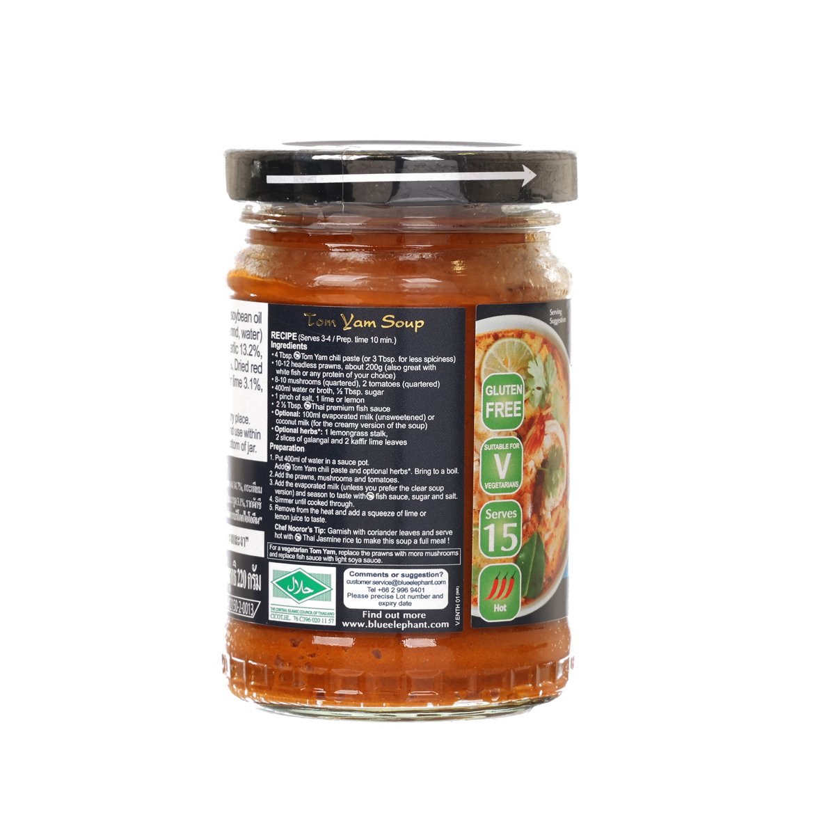 BLUE ELEPHANT Tom Yam chili paste jar, back label with ingredient and serving icons