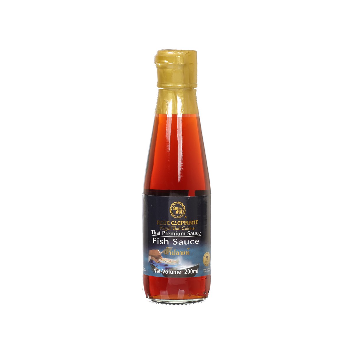 BLUE ELEPHANT fish sauce 200mL bottle, gold cap, red liquid with front label