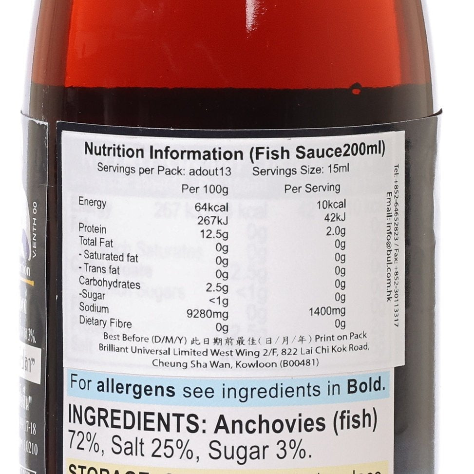 Fish sauce 200mL nutrition information label with serving and ingredients details