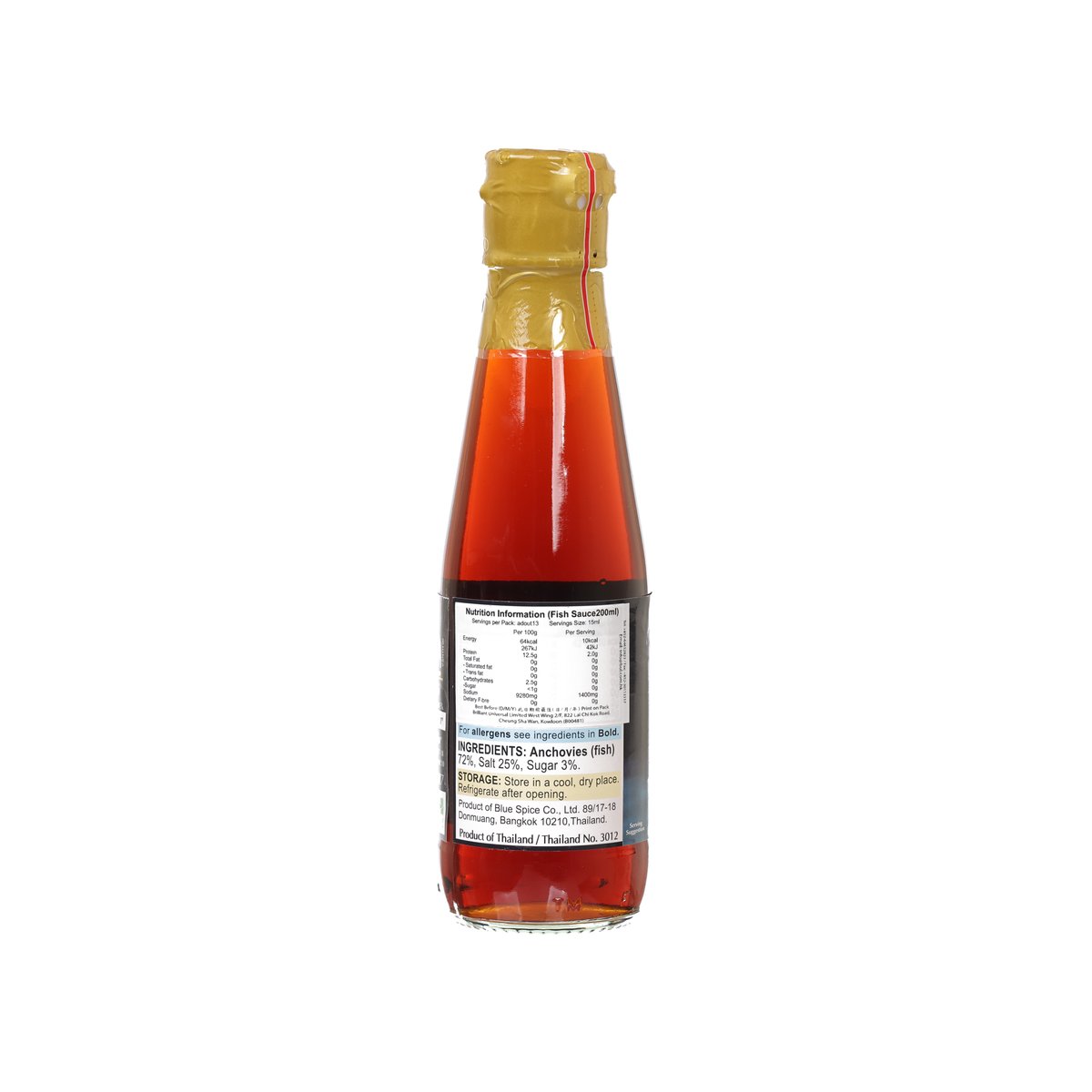 BLUE ELEPHANT fish sauce 200mL bottle with back label and ingredients panel