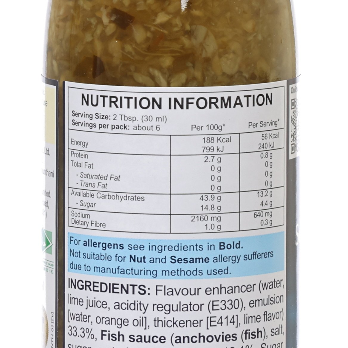 Nutrition information label on Blue Elephant Thai seafood dipping sauce bottle