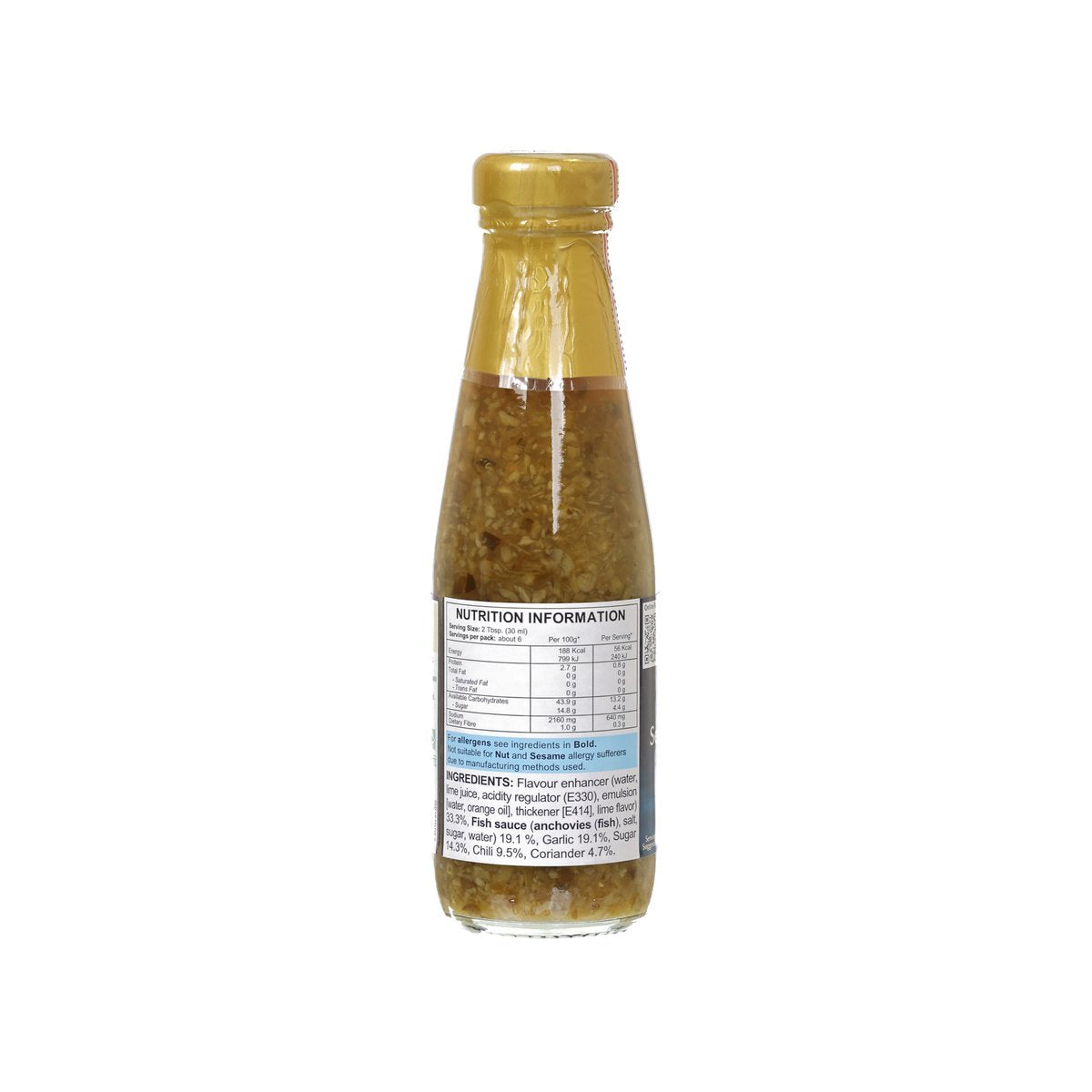 Blue Elephant Thai seafood dipping sauce bottle back label, 190 mL, gold cap