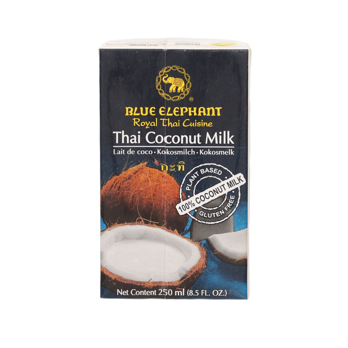 Blue Elephant Thai coconut milk tetra pak 250 mL, front with coconut illustration