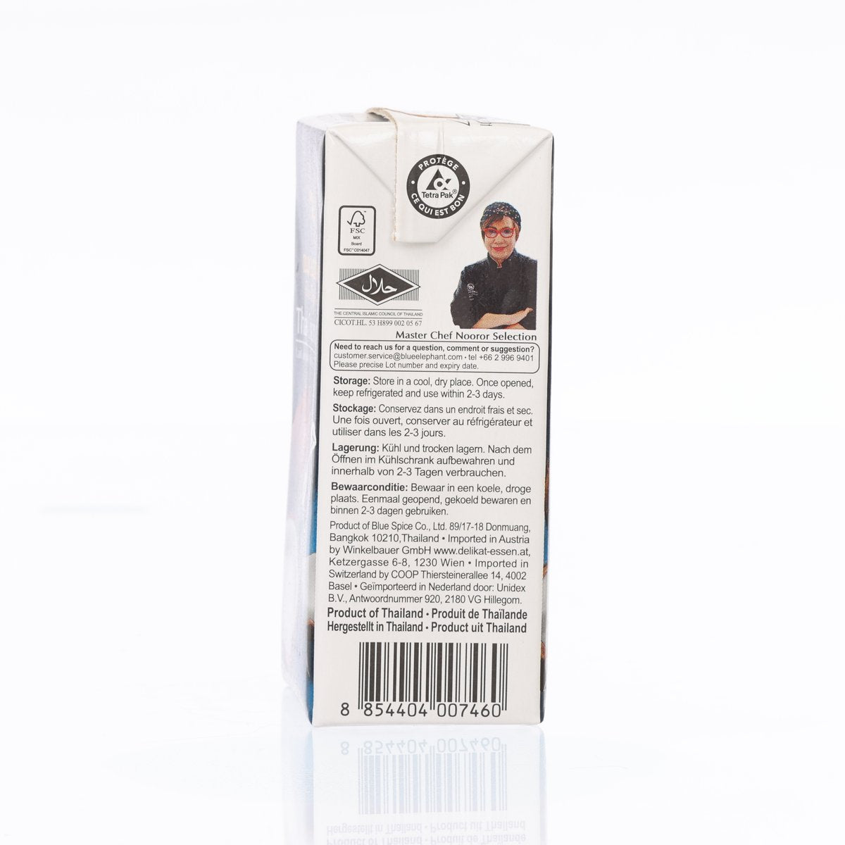 Thai coconut milk tetra pak 250 mL, back label with Master Chef Noor badge and barcode