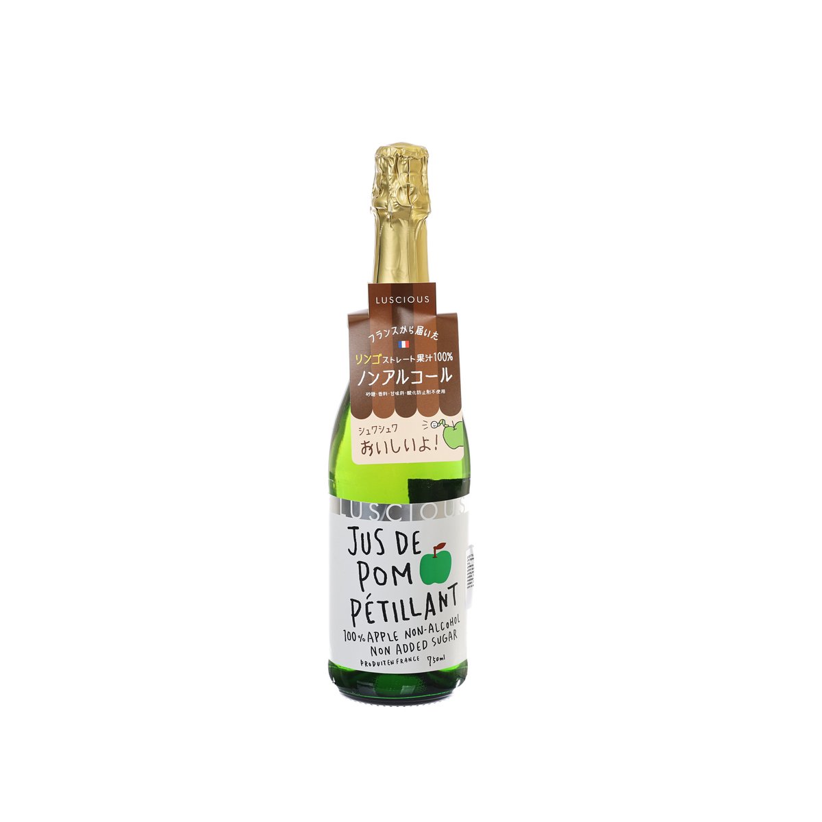 Sparkling apple juice bottle with gold foil cap and green glass