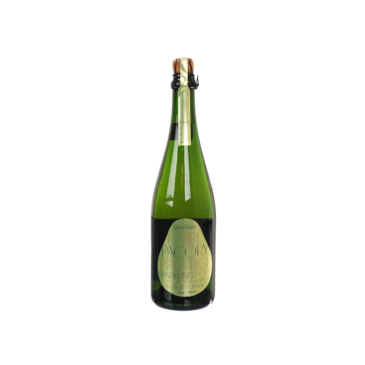 LUSCIOUS sparkling pear cider bottle, green glass with foil cork and front label