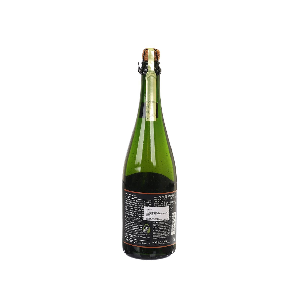 LUSCIOUS sparkling pear cider bottle, green glass with foil cork and back label