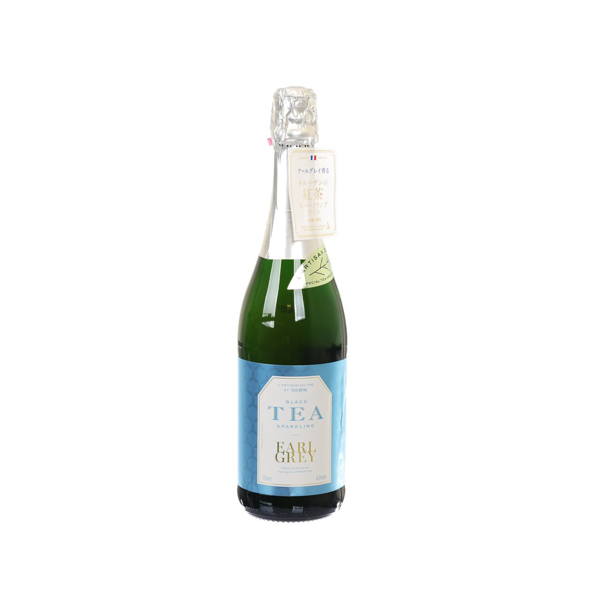 Sparkling Earl Grey black tea bottle with foil crown, green glass and blue label
