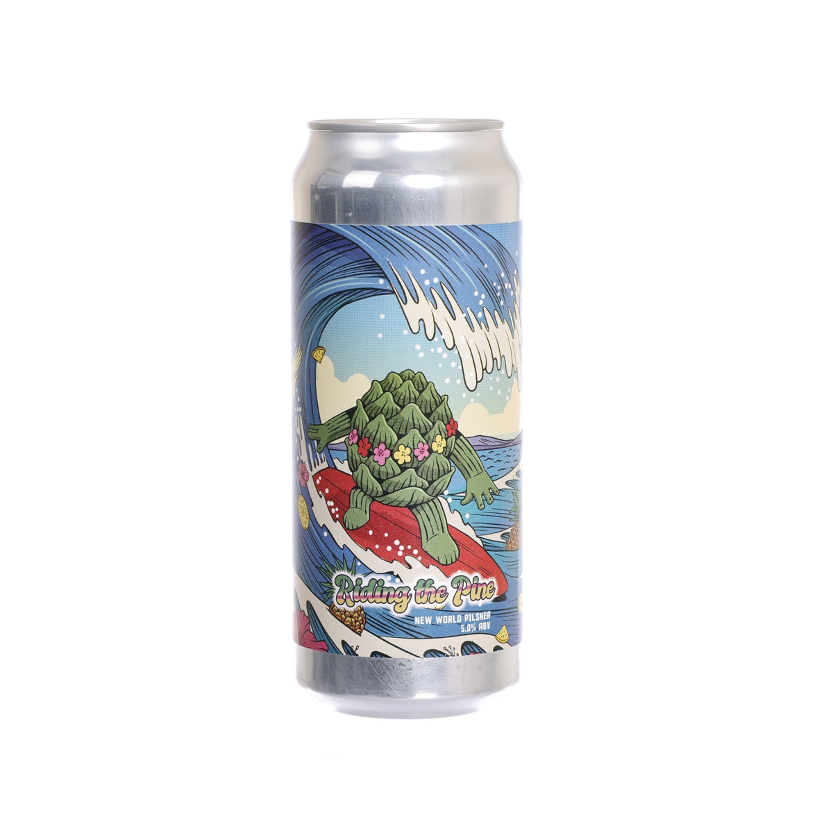 Silver beer can with blue illustrated label, pine trees and ocean waves.