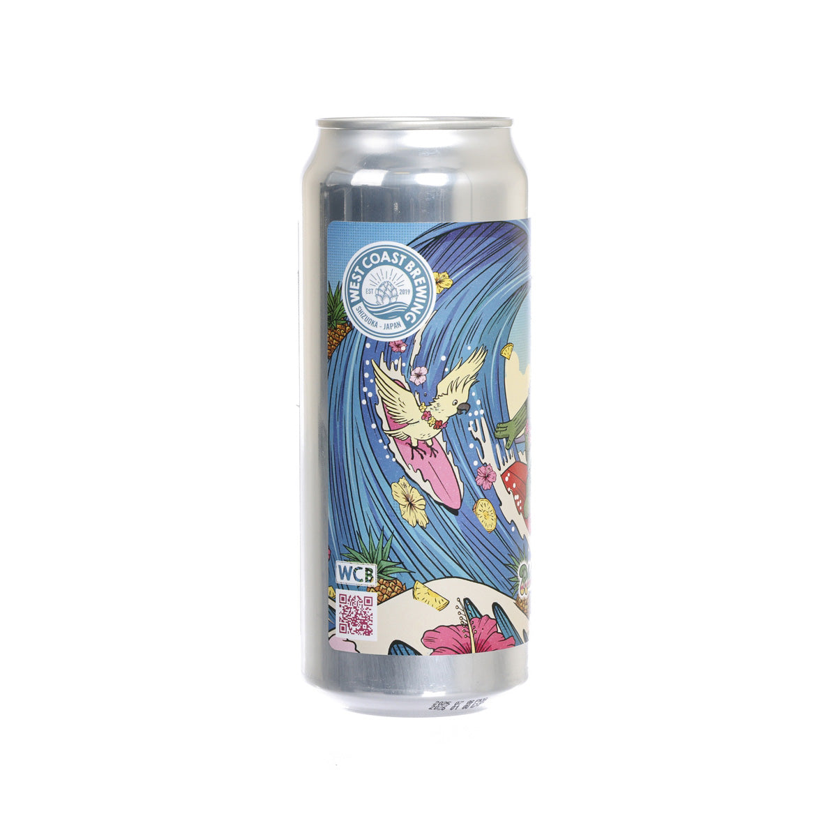 Silver beer can with blue illustrated label and WEST COAST BREWING badge.