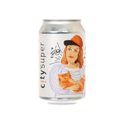 Silver can with illustrated woman holding an orange cat, Japanese peach highball 330 mL
