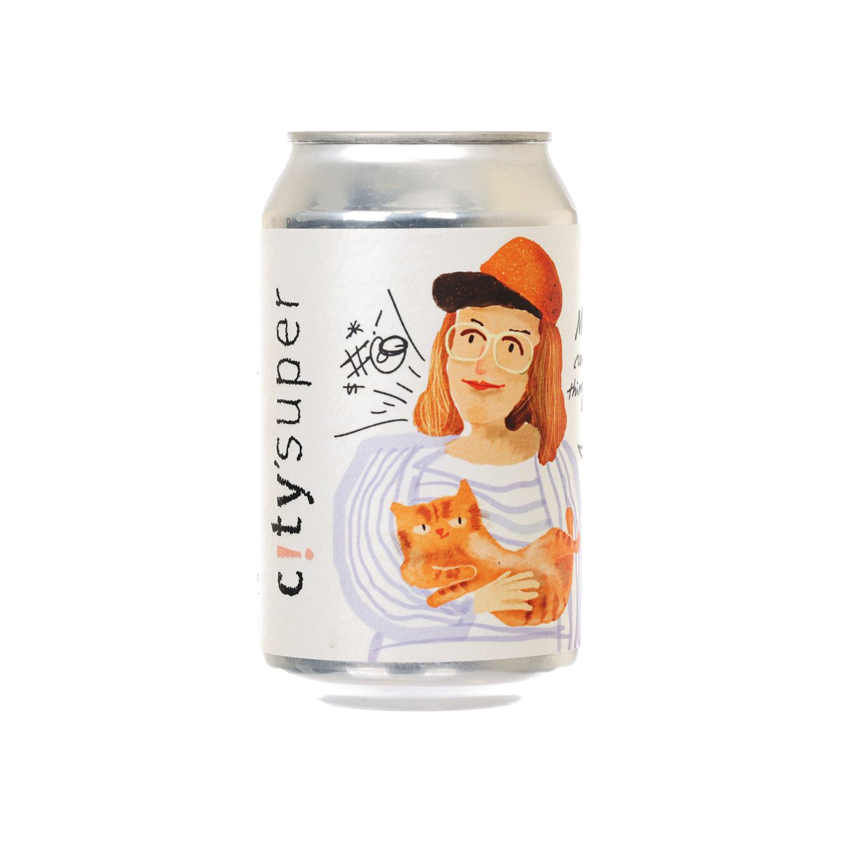 Silver can with illustrated woman holding an orange cat, Japanese peach highball 330 mL