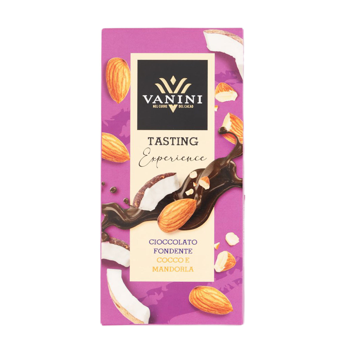 VANINI dark chocolate bar pouch with chopped almonds and coconut flakes, 75 g