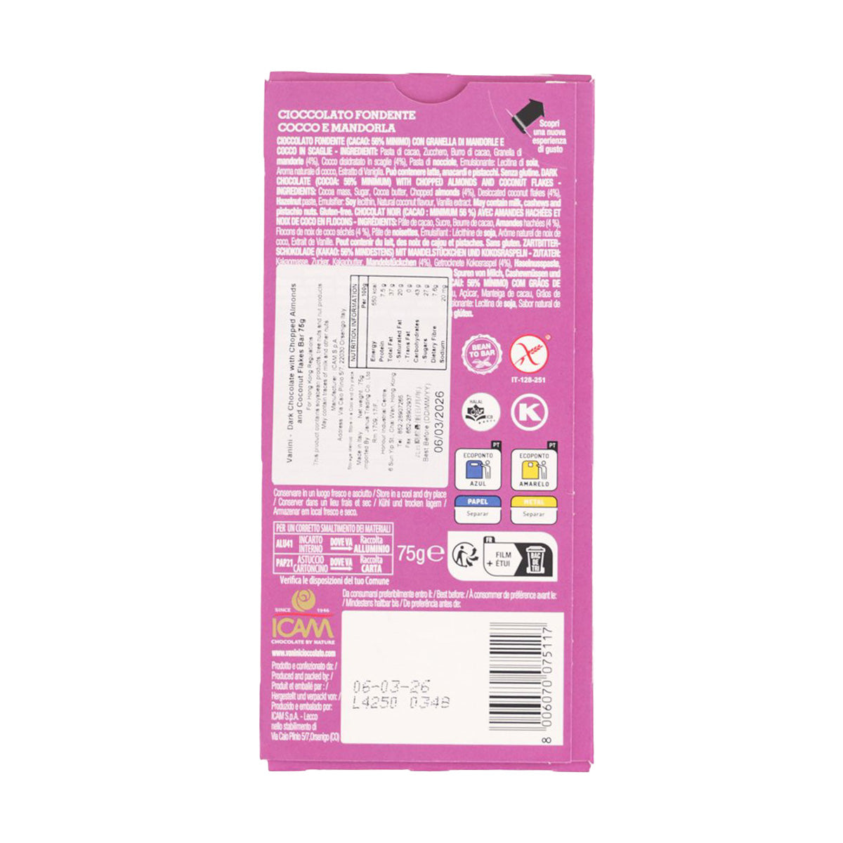 Back of VANINI dark chocolate bar pouch with nutrition facts, 75 g