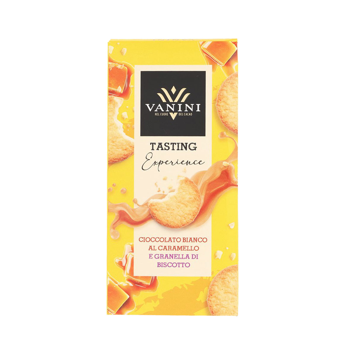 VANINI white chocolate bar, caramel sugar & biscuit pieces, 75g package