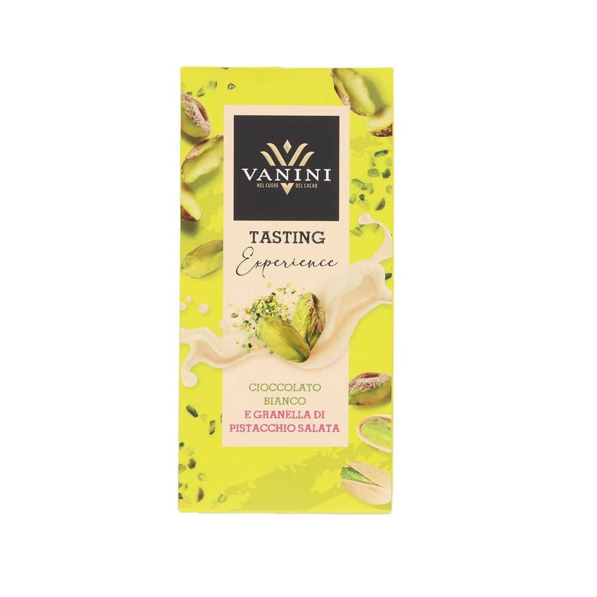VANINI white chocolate bar package with chopped salted pistachio nuts