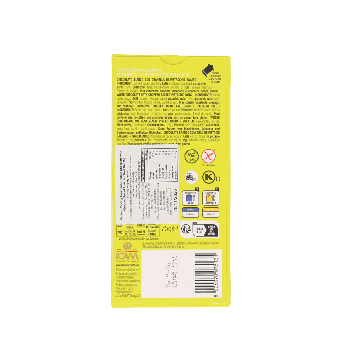 VANINI white chocolate bar back panel with ingredients and nutrition icons