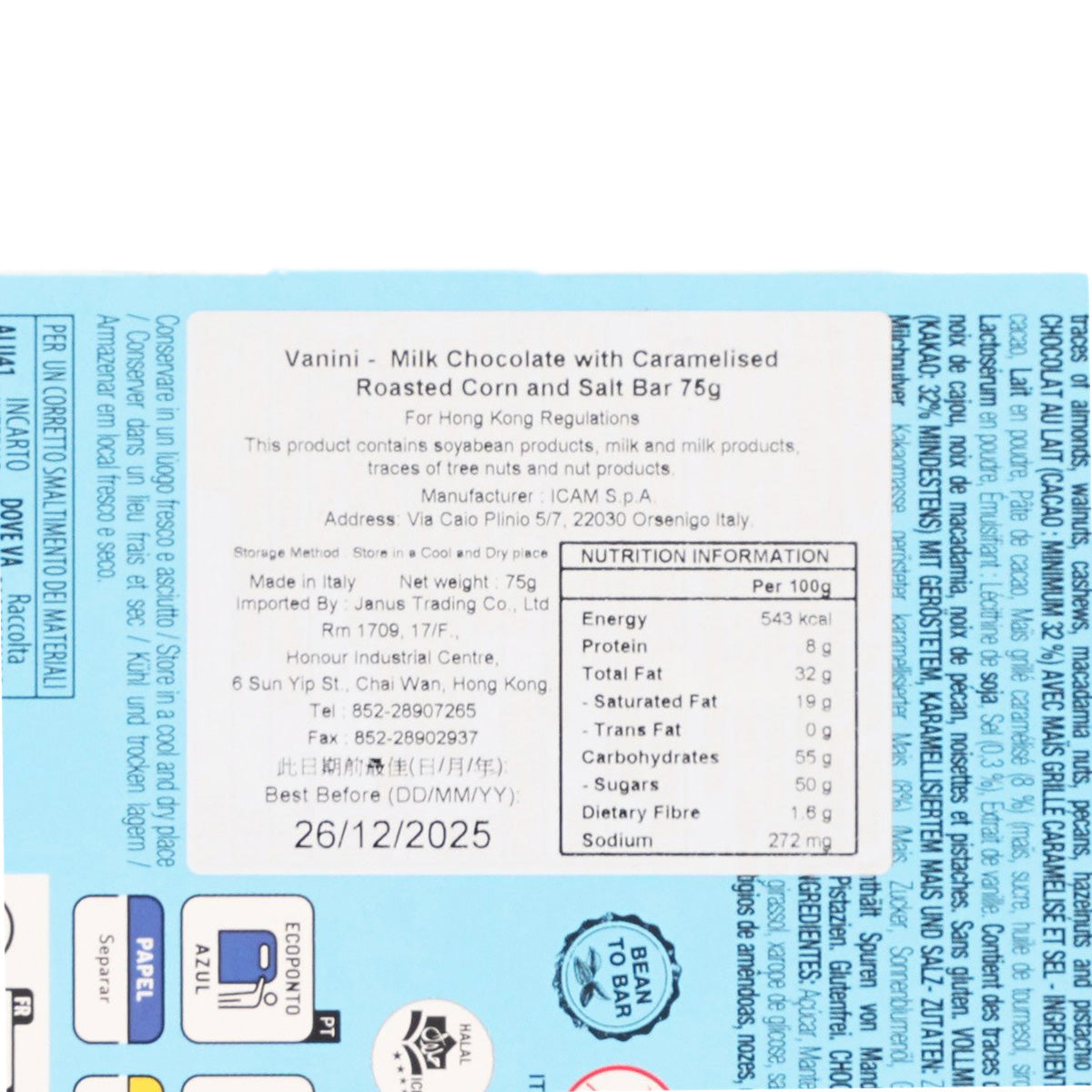 VANINI milk chocolate bar nutrition label close-up with barcode and dates