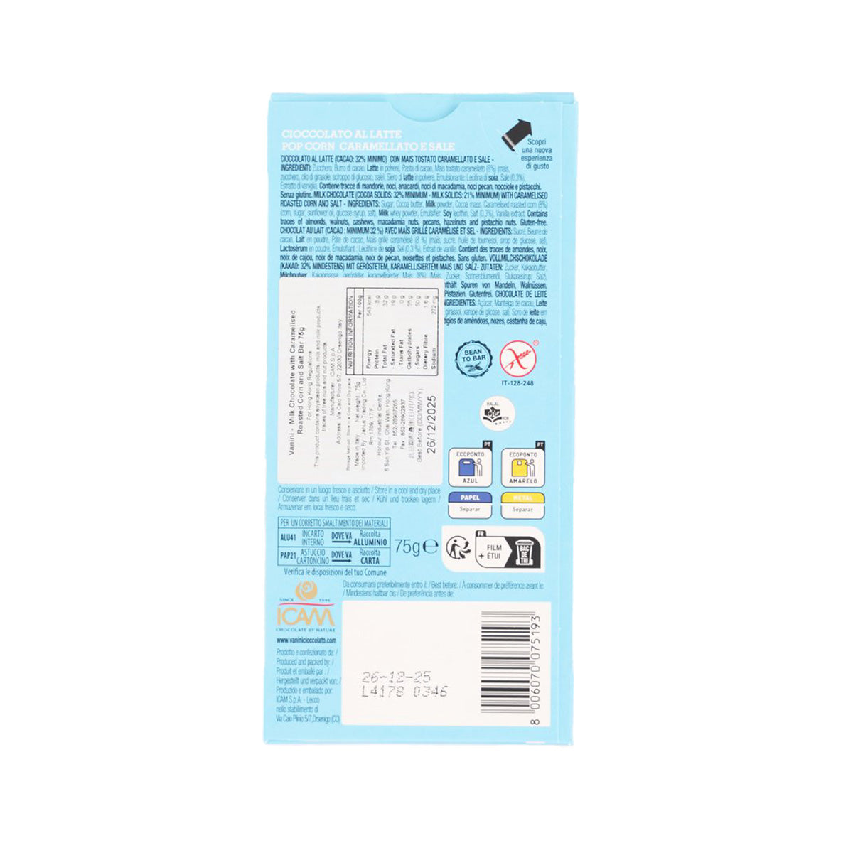 VANINI milk chocolate bar back wrapper with nutrition facts and ingredient text