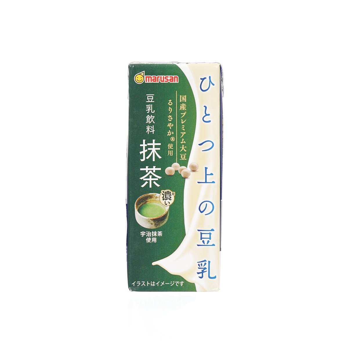 MARUSAN matcha soy milk carton, green and blue front, 200 mL