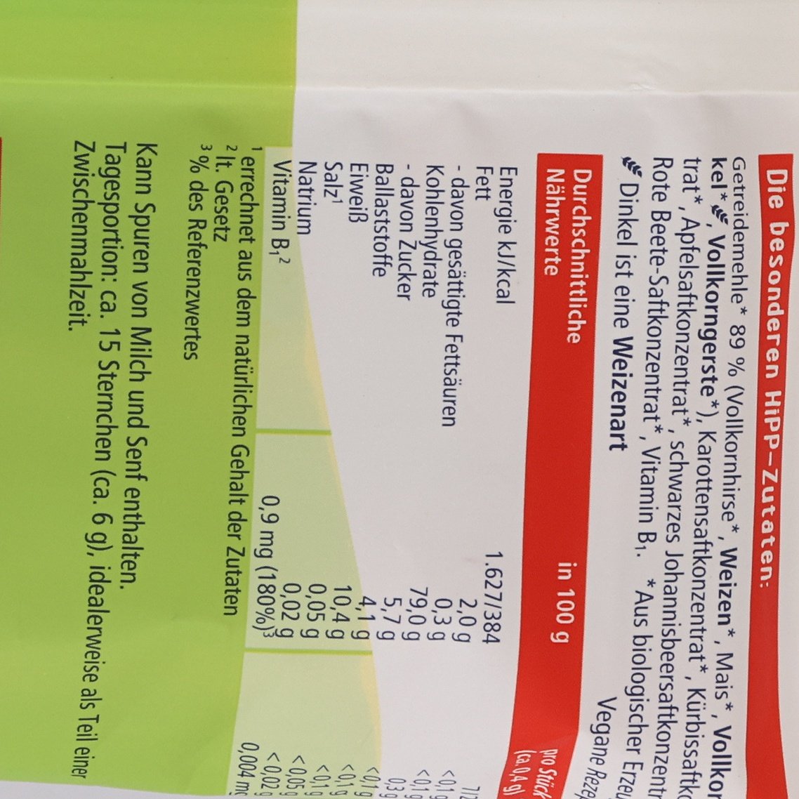 HIPP Organic crispy stars nutrition info close-up with ingredients and allergen text