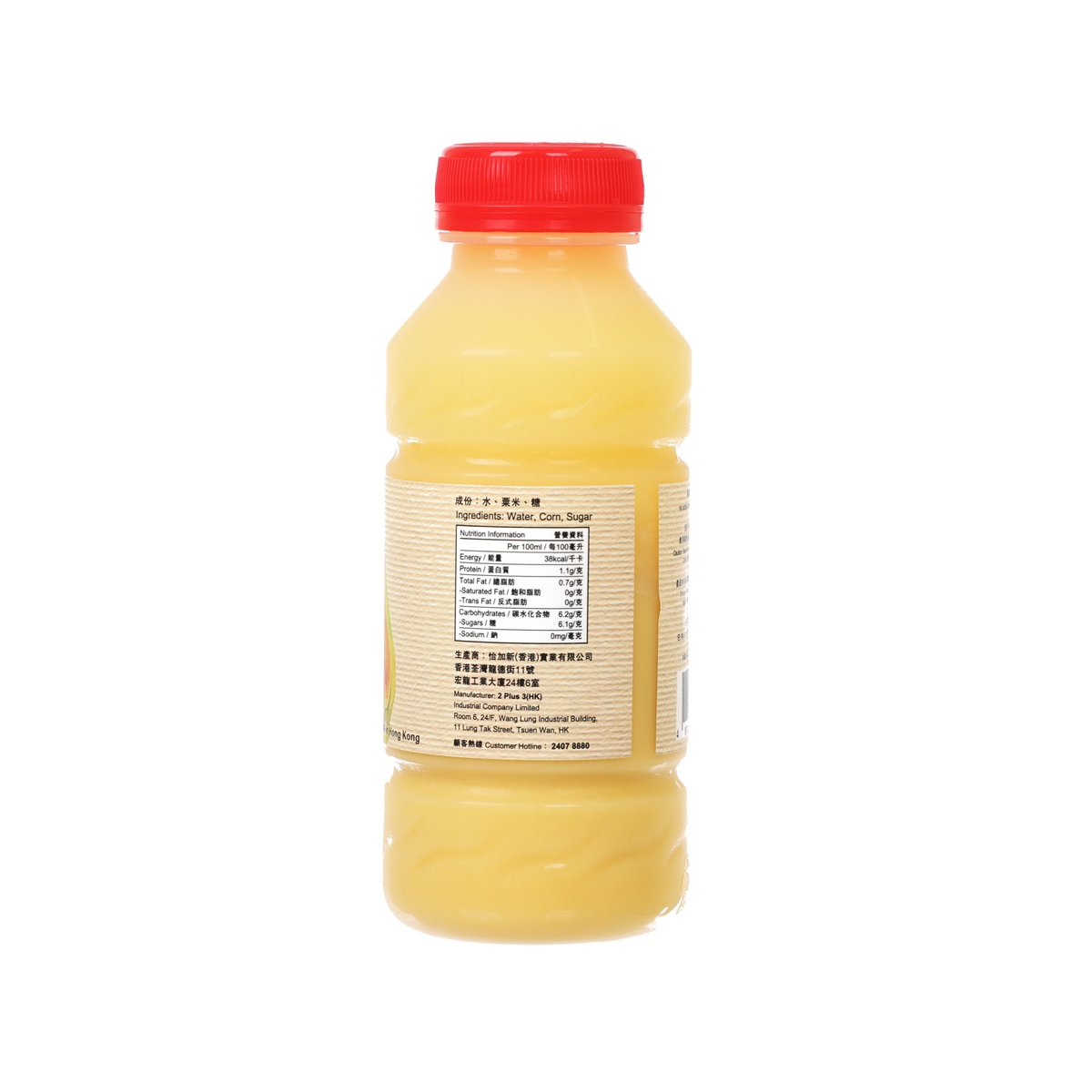 300 mL fresh corn juice in yellow PET bottle with red cap, back label