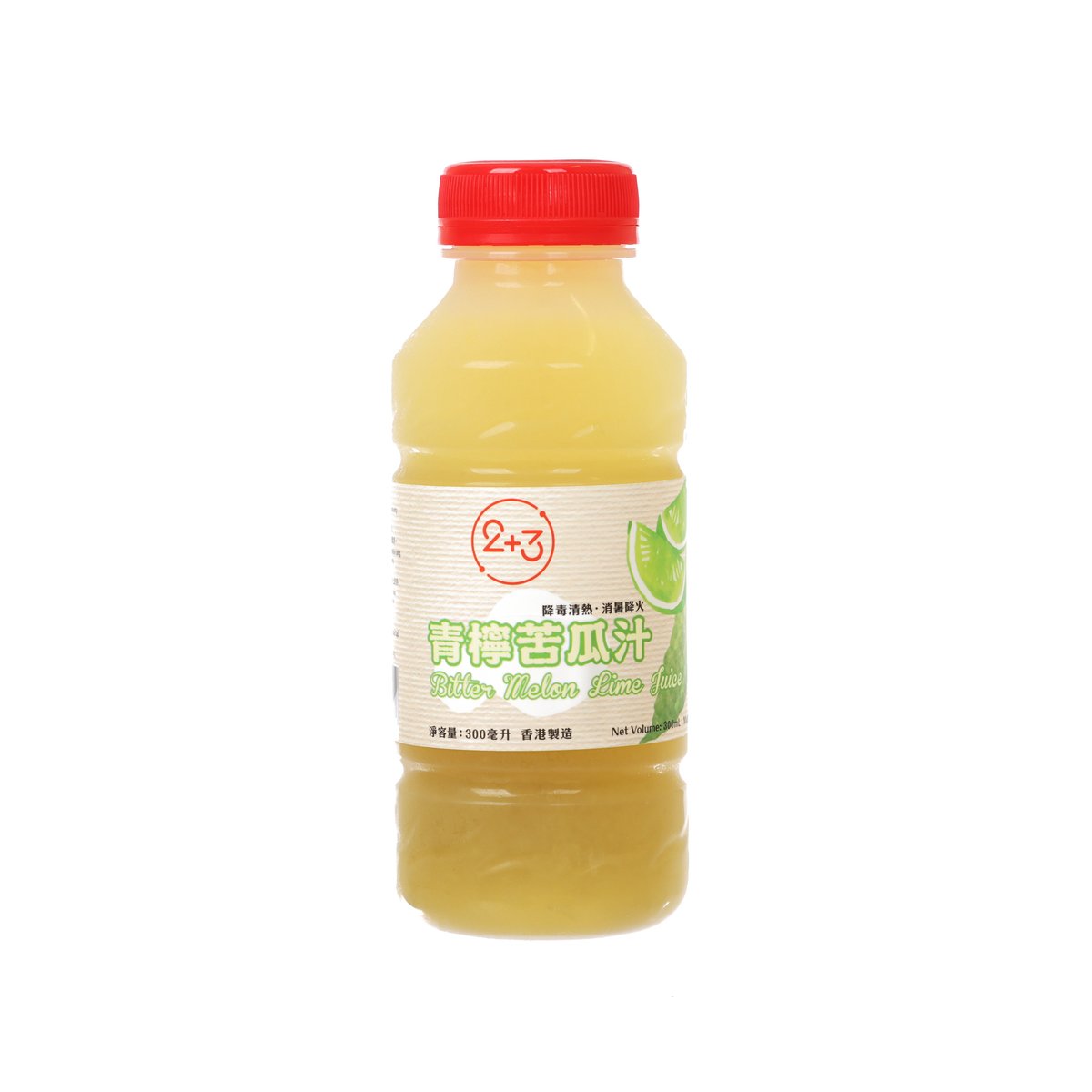 Bitter melon and lime juice bottle, red cap, PET 300 mL