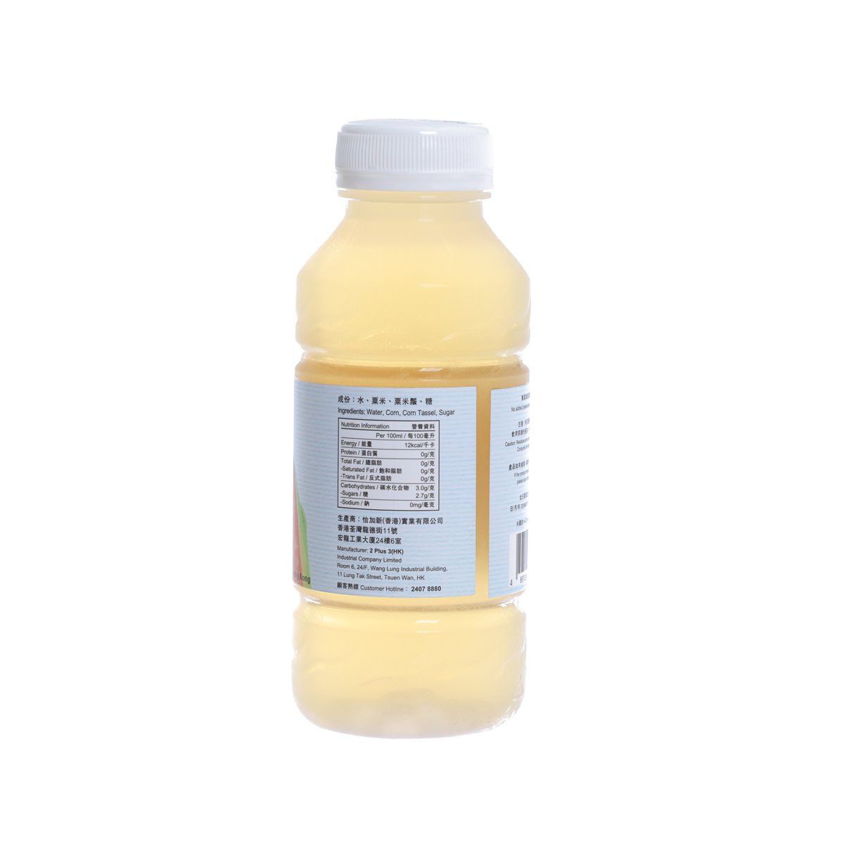 2+3 sweet corn tassel tea bottle, back label on pale yellow drink, PET 300 mL