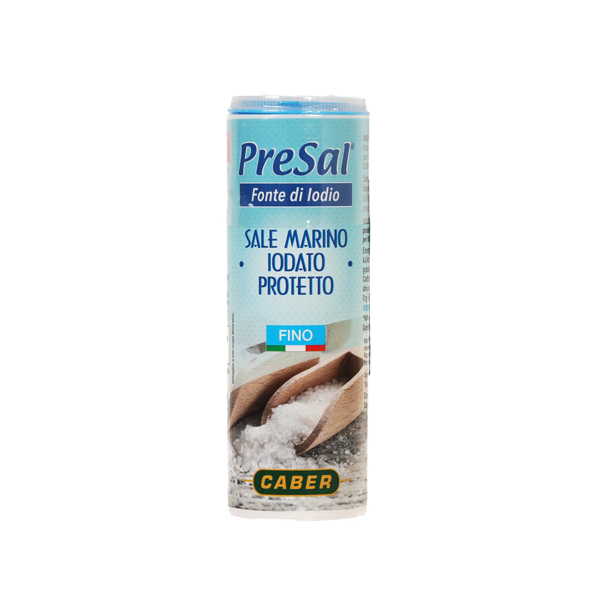 Fine iodized sea salt canister, blue Presal label with CABER at bottom