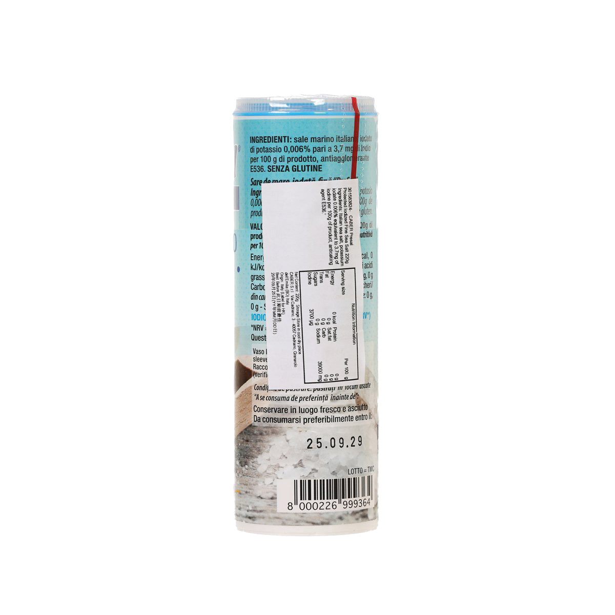 Back of iodized fine sea salt canister with ingredients, nutrition, and barcode