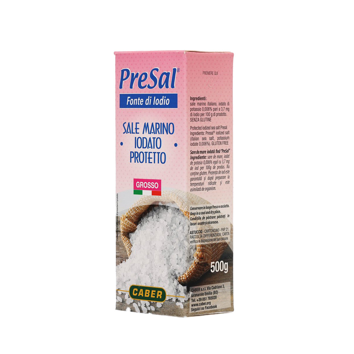 CABER Presal iodized coarse sea salt 500g bag, side view