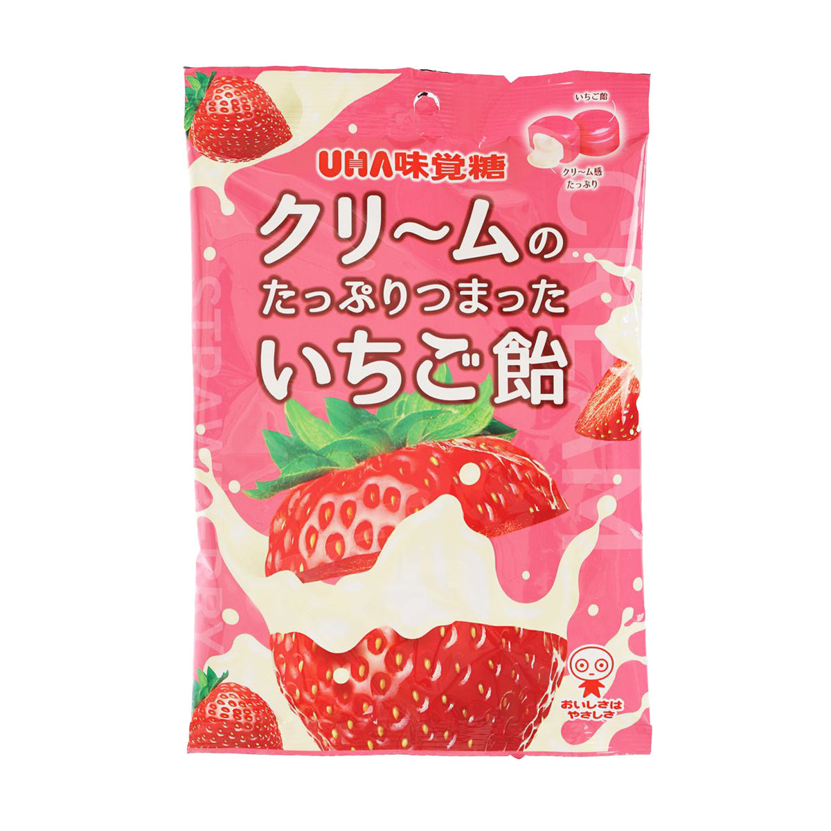 Strawberry cream candy pouch, pink package front with UHA logo