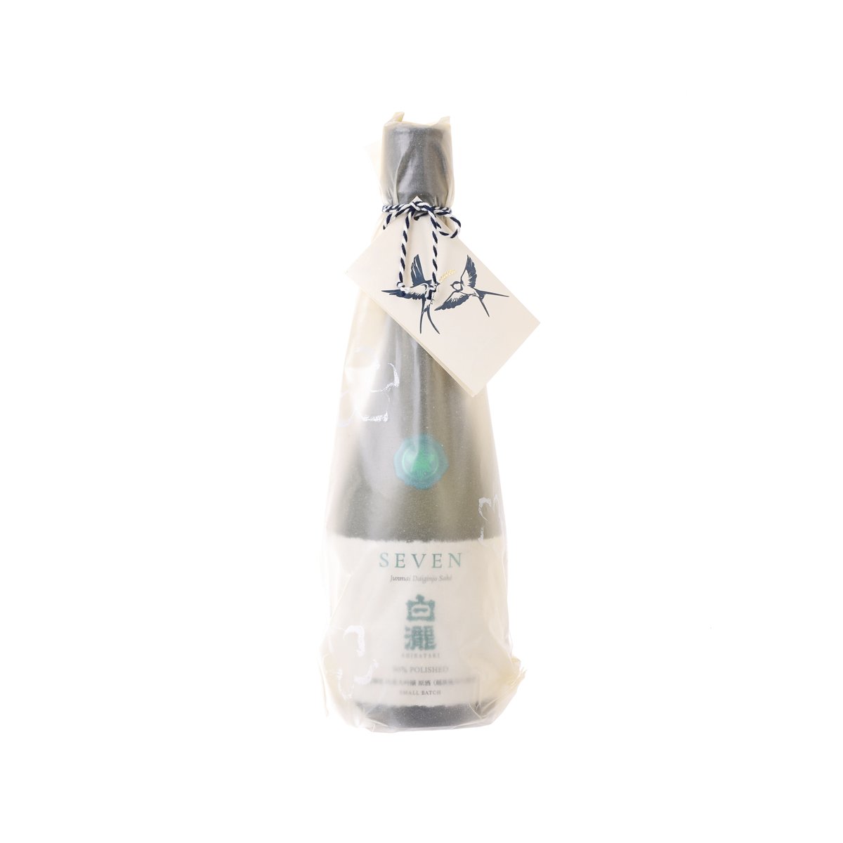 SHIRATAKI sake bottle with cream paper wrap and blue bow, front label visible