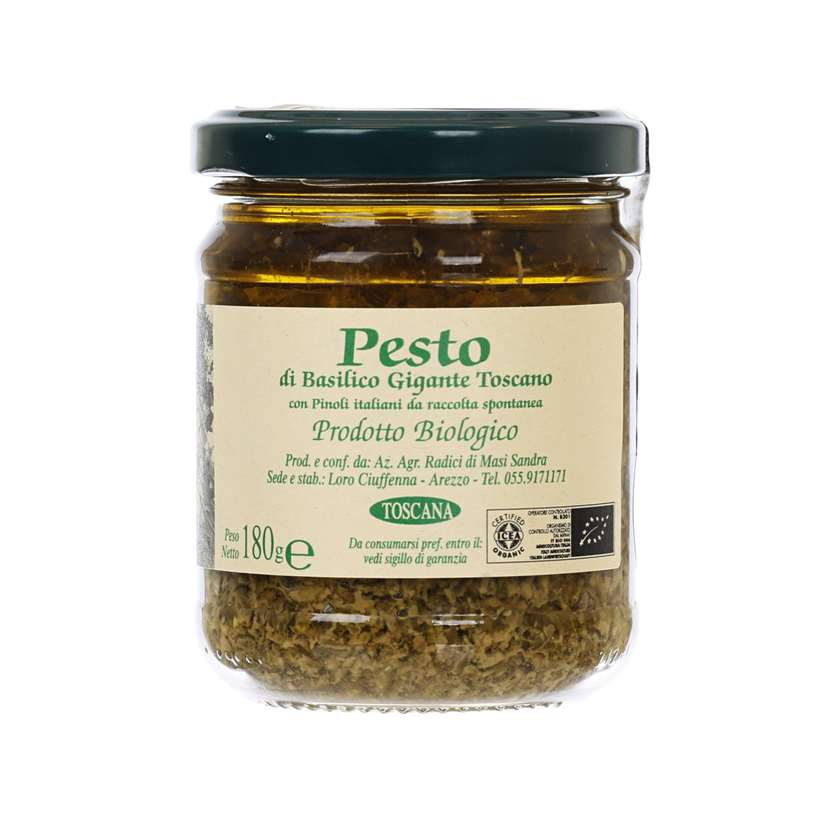 RADICI organic basil pesto jar, 180 g, with green paste visible through glass