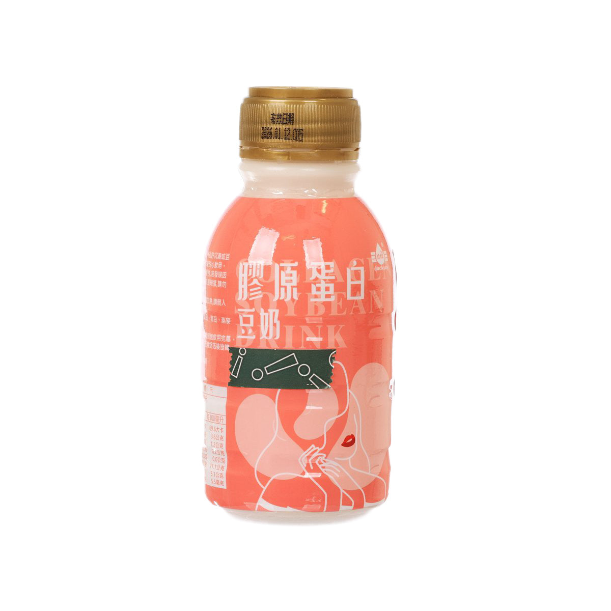 Soy collagen drink bottle with gold cap, orange label, front view, 290 mL
