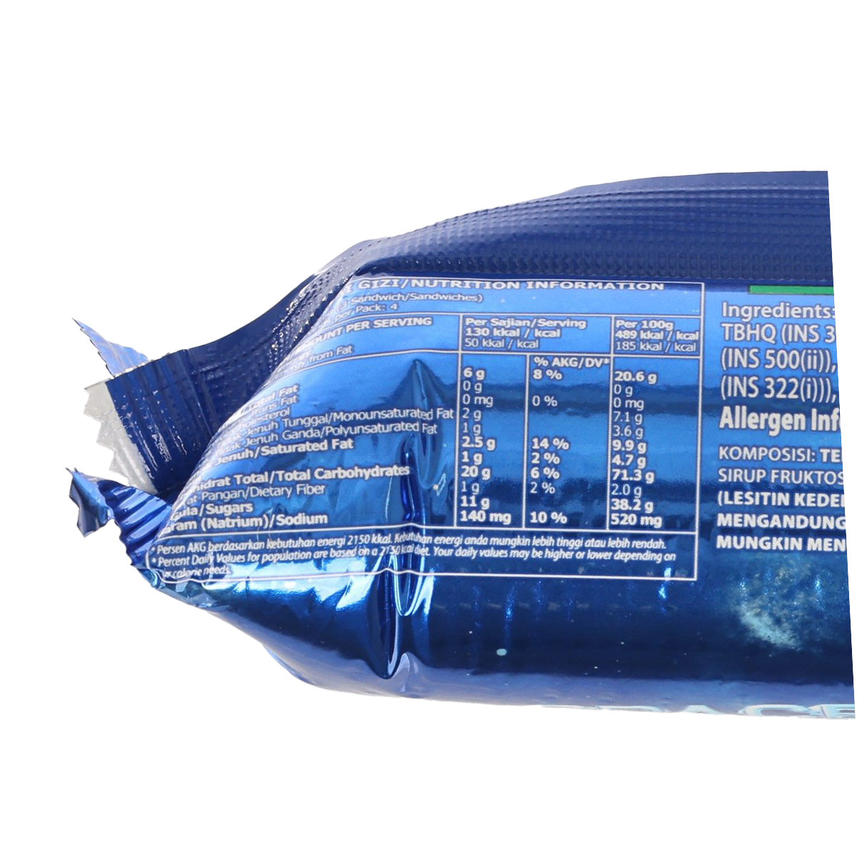 Oreo cookie package back close-up, blue wrapper showing nutrition and ingredients text