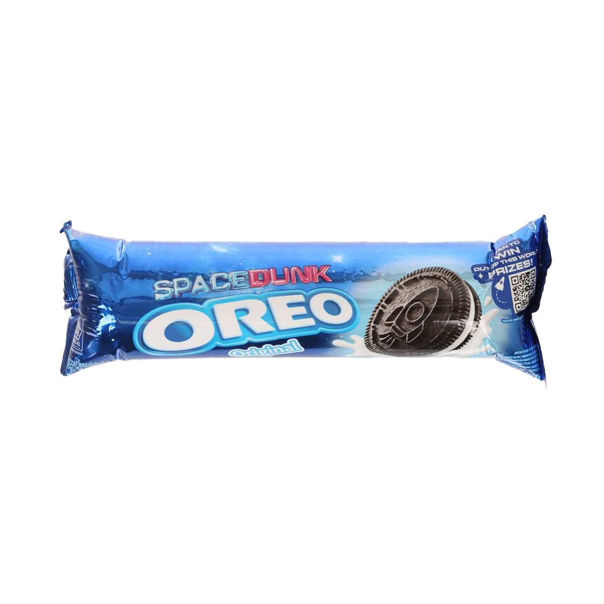 Oreo cookie package with blue wrapper, Oreo logo, and chocolate cookie graphic