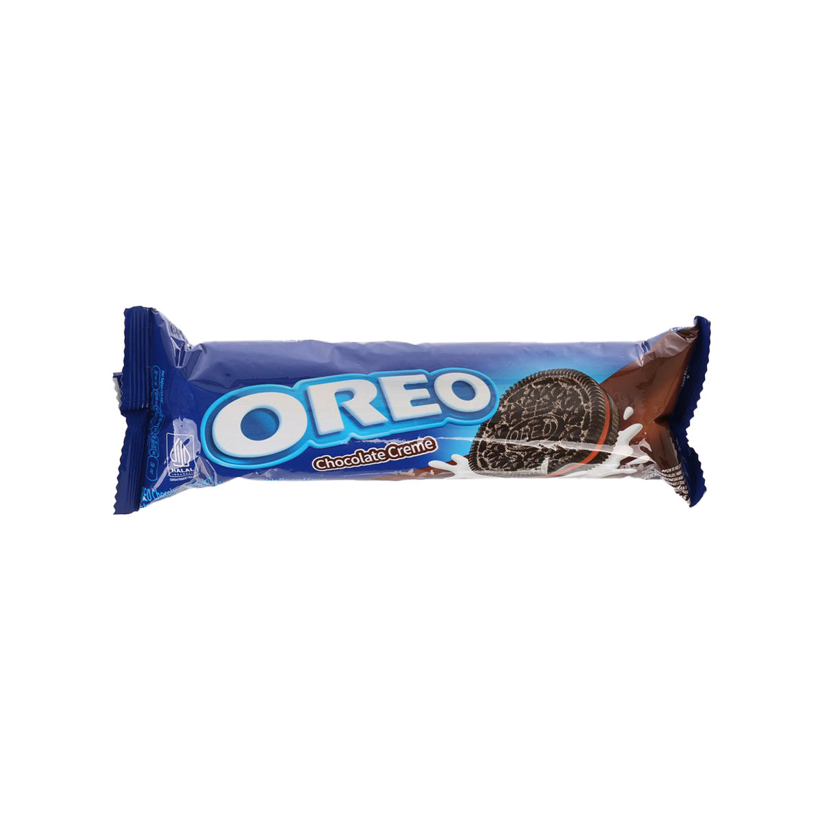 OREO chocolate sandwich cookies with cream, packaged snack bag, front view
