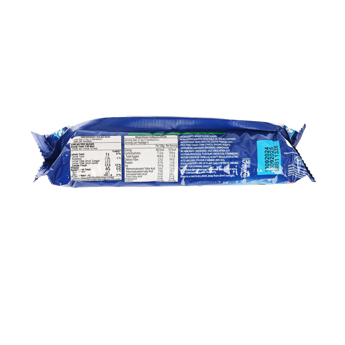 OREO chocolate sandwich cookies package, back view with nutrition label