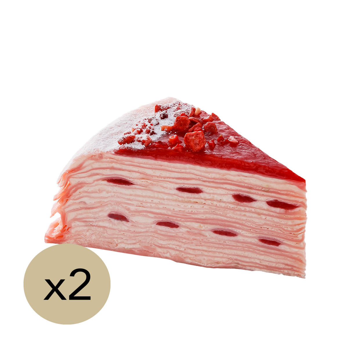 Strawberry mille-crêpe cake slice with red topping, shown as 2 pieces